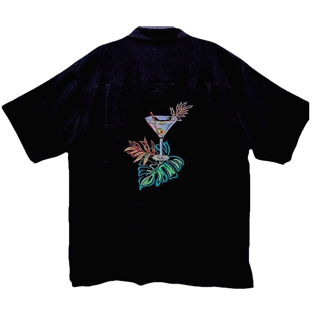 Weekender‎ Flamingo Martini Shirt Men's L Black Embroidered Casual Tropical